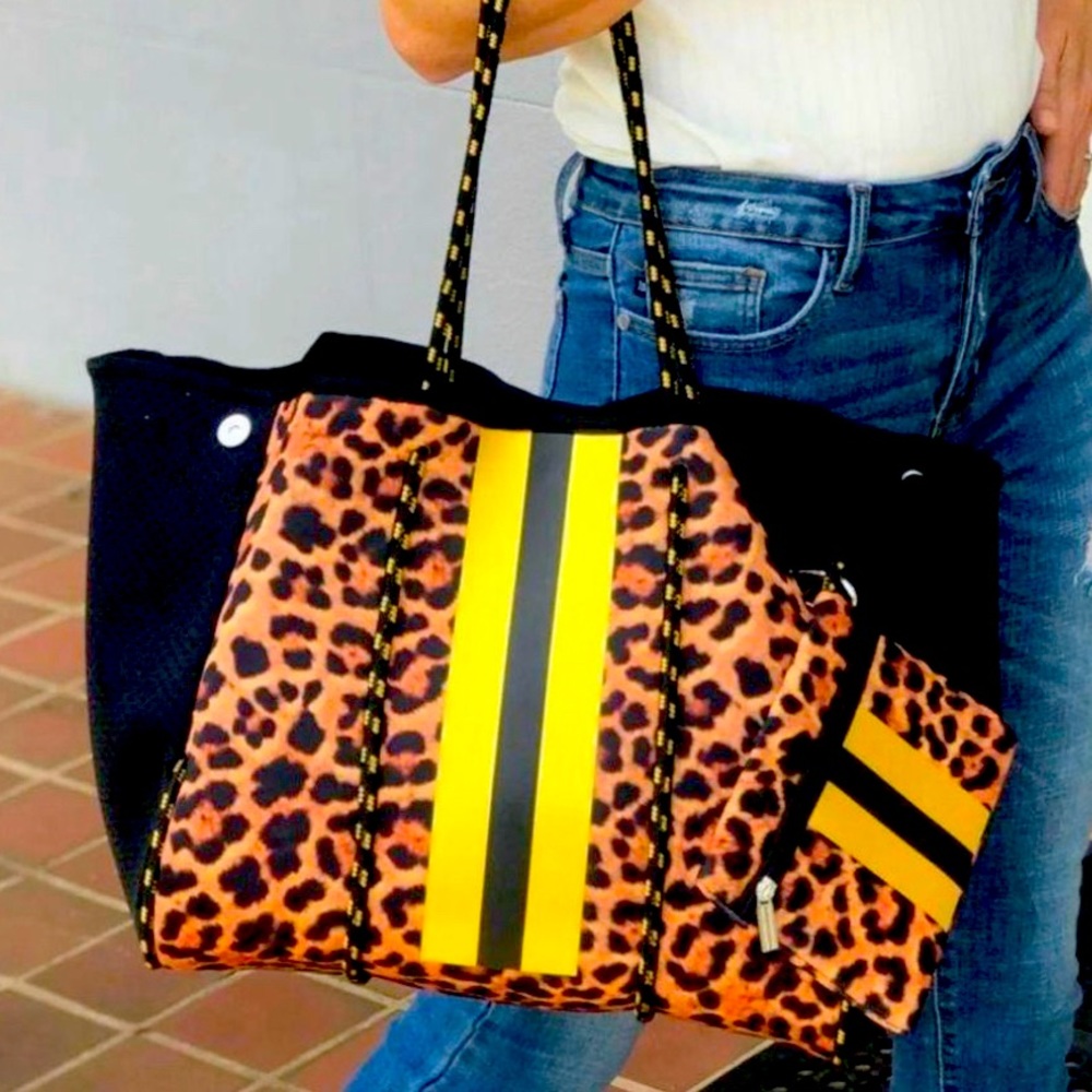 Neoprene cheetah print bag with pouch